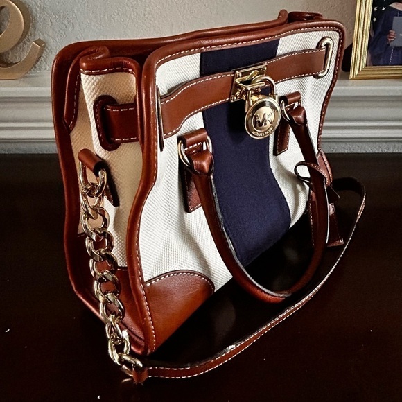 Michael Kors Hamilton Purse, Navy & Cream satchel, Classy Work bag, canvas tote - Picture 2 of 13